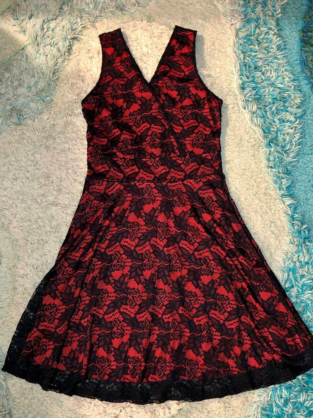 Sleeveless Red and Black Lace Fit & Flare Dress